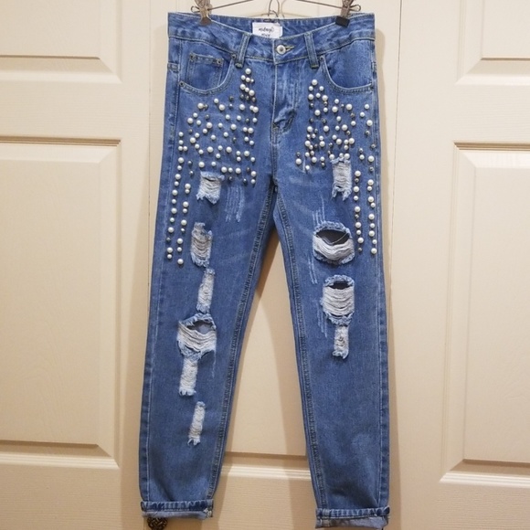 jeans with pearls and rhinestones